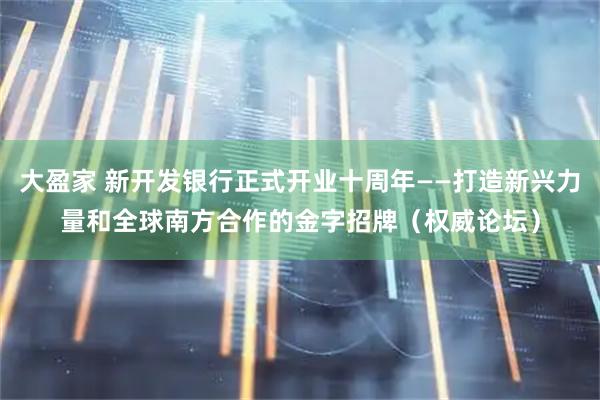 大盈家 新开发银行正式开业十周年——打造新兴力量和全球南方合作的金字招牌（权威论坛）
